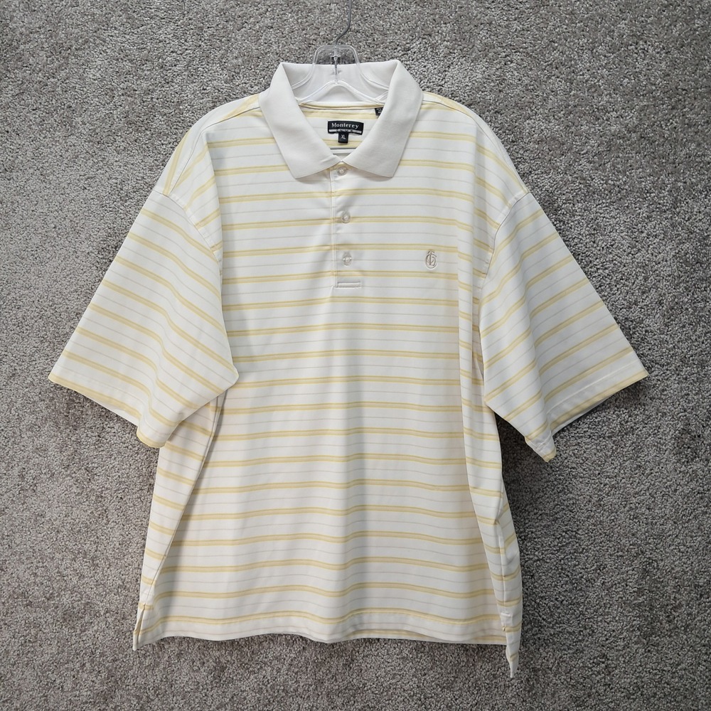 Monterey Club Mens XL White Yellow Striped Performance Golf Polo Shirt Stretch